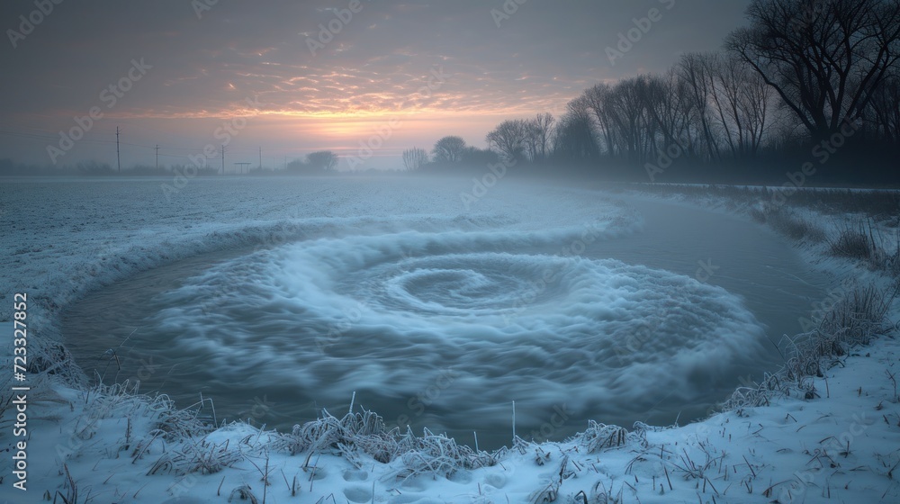 Poster a snow covered field with a circular object in the middle of the ground in the middle of the picture