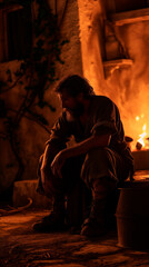 Bible, Easter, Peter is alone in a courtyard, illuminated by firelight, as he experiences repentance after disowns Jesus three times.
