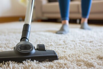 Man using vacuum cleaner to clean carpet at home in close up