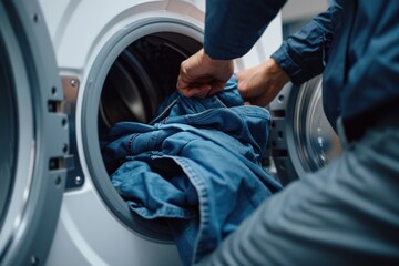 Man loading clothes into washing machine emphasizing laundry concept