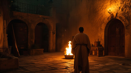 Bible, Easter, Peter is alone in a courtyard, illuminated by firelight, as he experiences repentance after disowns Jesus three times. - obrazy, fototapety, plakaty