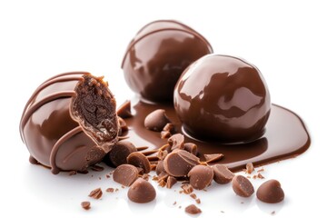 Melted chocolate balls on white background