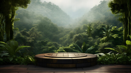 product presentation with a wooden podium set in tropical forest