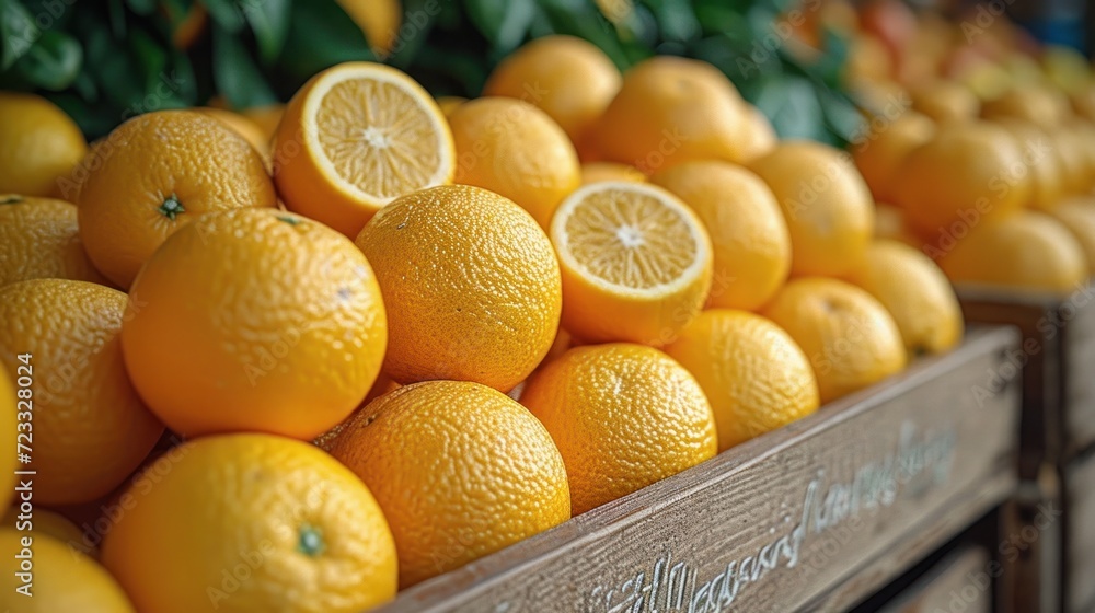 Poster a pile of oranges sitting on top of a wooden crate next to other crates filled with oranges on top o