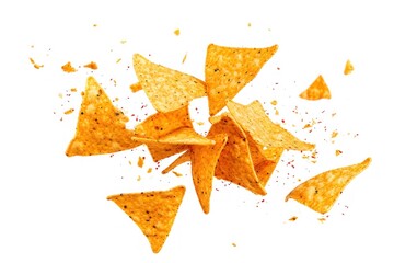 Mexican nacho chips floating on a white background - Powered by Adobe