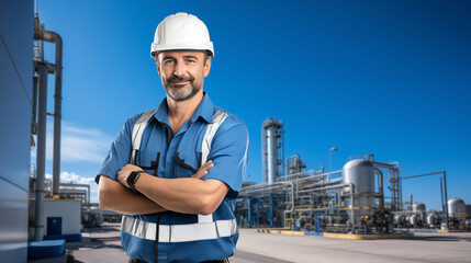 Worker on a background of modern gas plant.	