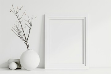 Fototapeta na wymiar Minimal white desk with photo frame round vase and decorative twig on white wall