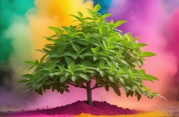 Fototapeta premium Holi, the festival of spring and bright colors in India, colorful bright powder, rainbow colors, splashes and streaks, sacred basil, tulasi tree
