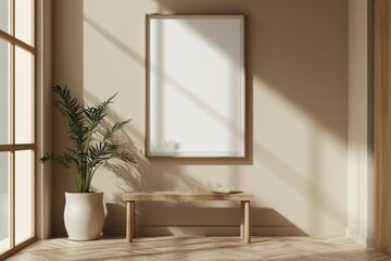 Minimalist interior with beige wall showcasing mockup frame poster in corridor