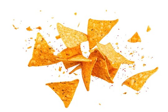 Mexican nacho chips floating on a white background