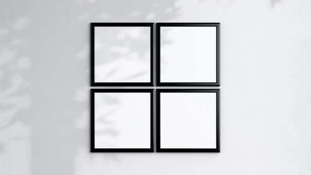 Four Square Poster Frames Video Mockup, Black Blank Frame On White Wall, Art Mockup, Minimalist Motion Mockup