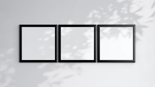 Three Square Poster Frame Video Mockup, Black Blank Frame On White Wall, Art Mockup, Minimalist Motion Mockup