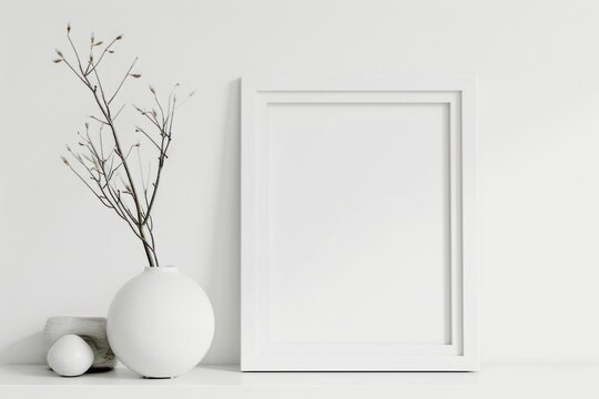 Minimal white desk with photo frame round vase and decorative twig on white wall