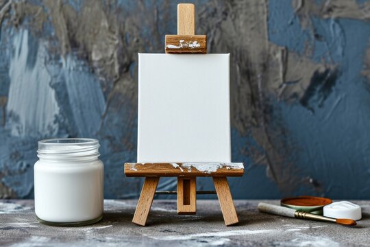 Minimalist artistic tools and supplies wooden easel with canvas white jar of gouache paint High quality photograph