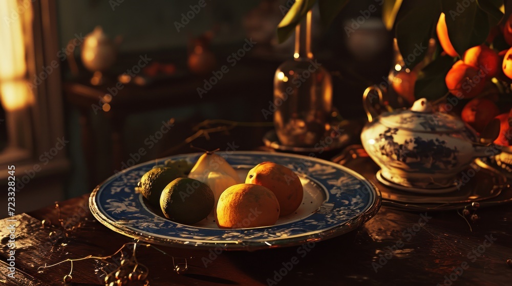 Poster a blue and white plate topped with fruit next to a vase filled with oranges and a lemon on a table n