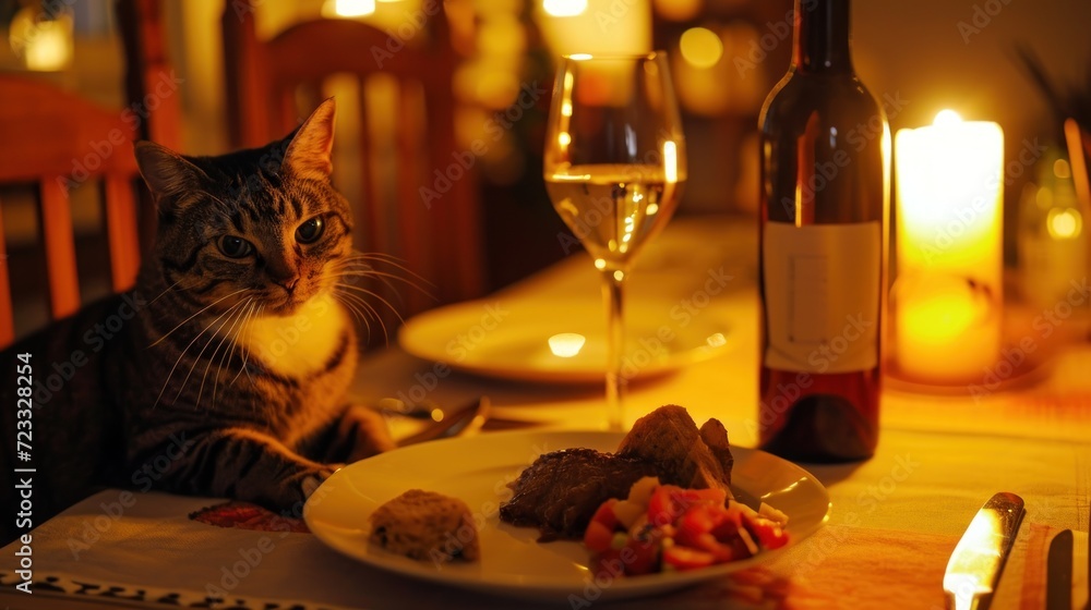 Aufkleber a cat sitting at a table with a plate of food and a glass of wine in front of it and a bottle of win