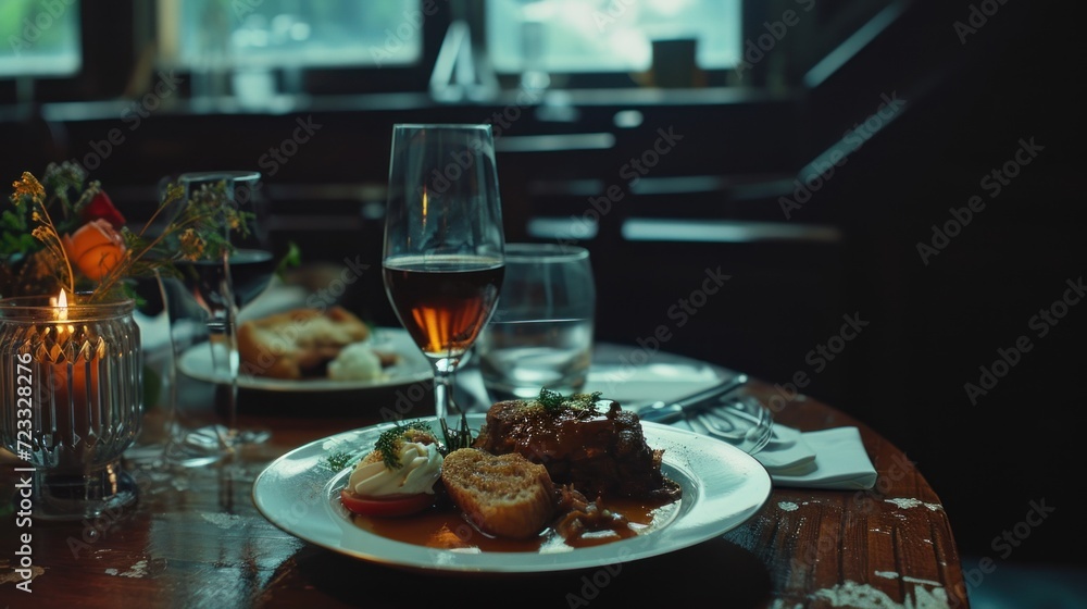 Poster a close up of a plate of food on a table with a glass of wine and another plate of food on a table w