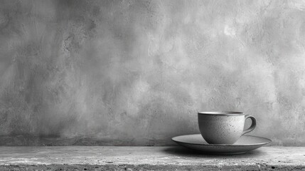  a black and white photo of a coffee cup and saucer sitting on a table in front of a grungy wall with a concrete slab on the floor.