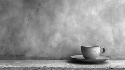 Fotobehang  a black and white photo of a coffee cup and saucer sitting on a table in front of a grungy wall with a concrete slab on the floor. © Nadia