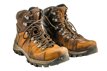 Worn and Weathered Hiking Boots Isolated on Black – Symbolizing Adventure and Endurance in Outdoor Activities