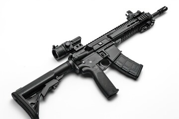 Modern isolated automatic rifle for police special forces and army use Equipped with mechanical sights Assault rifle on white background