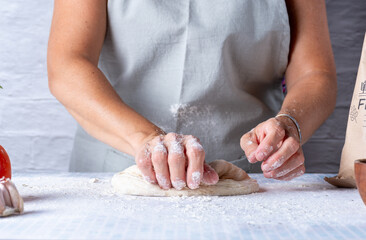 Obraz na płótnie Canvas Woman's hands kneading a flour dumpling.