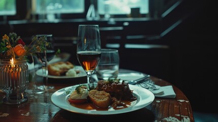  a close up of a plate of food on a table with a glass of wine and another plate of food on a table with utensils and utensils.