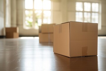 Moving boxes in an empty room filmed up close