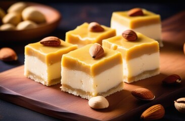 Holi, a celebration of spring and bright colors in India, traditional Indian cuisine, national Indian dessert, homemade sweets, burfi candies decorated with pistachios