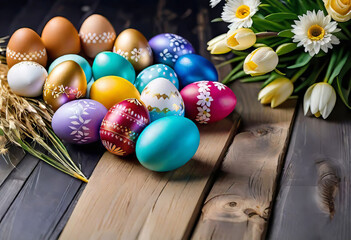 Obraz na płótnie Canvas Easter decorations, colorfully painted and decorated Easter eggs and spring flowers on a wood background, Empty space for typography and logo.