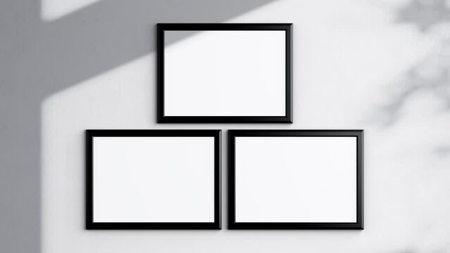 Three Horizontal Poster Frames Video Mockup A ISO, Black Blank Frame On White Wall, Landscape Art Mockup, Minimalist Motion Mockup