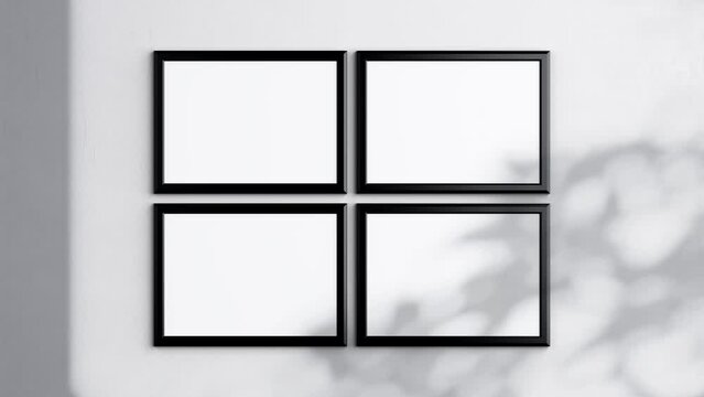 Four Horizontal Poster Frames Video Mockup A ISO, Black Blank Frame On White Wall, Landscape Art Mockup, Minimalist Motion Mockup