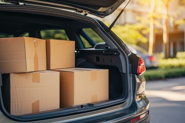 Open outdoor car trunk with moving boxes