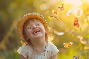 happy special child with down syndrome disease smiles and plays with butterflies against the backdrop of the setting sun