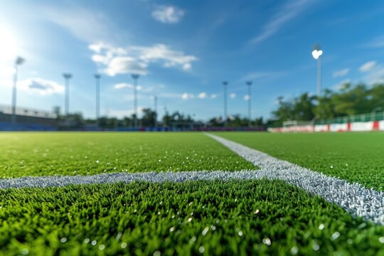 Outdoor competition exercise with field turf hockey goals and sports stadium Fitness contest training game and green pitch for health workout match and score