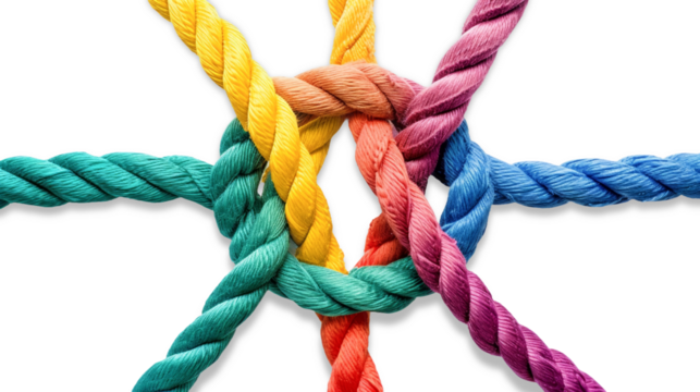 Colorful rope with knots, partnership strength team concept  isolated on white or transparent background