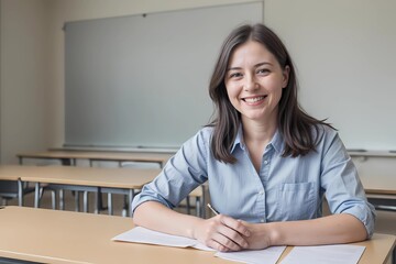 Smiling Young Female Teacher Grading Papers in Classroom - obrazy, fototapety, plakaty
