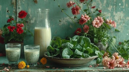  a bowl of spinach, a glass of milk, and a pitcher of milk sit on a table with flowers and daisies in front of a green background.