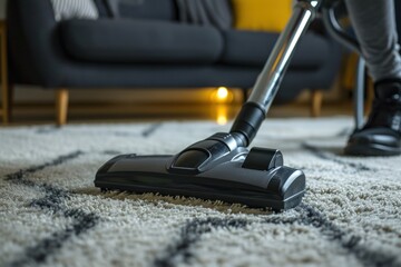 Person using vacuum cleaner at home to clean carpet in a close up view