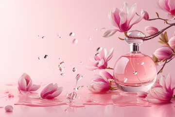 Perfume bottle with magnolia flowers water drops pink background Fresh magnolia scent sweet and...