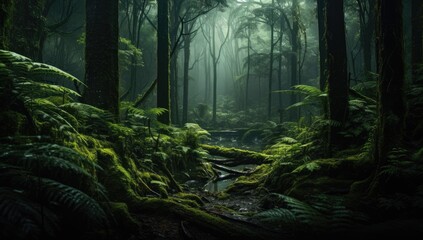 green foliage and ferns in the dark wood