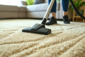 Person using vacuum cleaner for cleaning carpet in close up