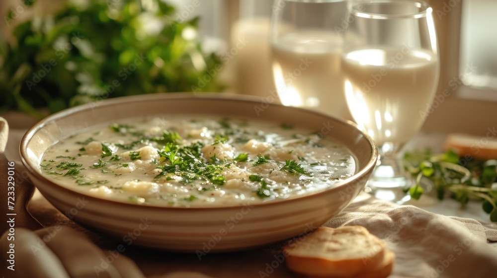 Poster a bowl of soup sitting on top of a table next to a glass of wine and two slices of bread on top of a