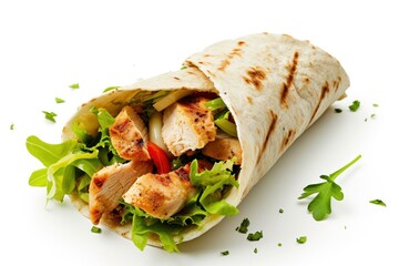 Plain grilled chicken and salad tortilla wrap on white background No sauce
