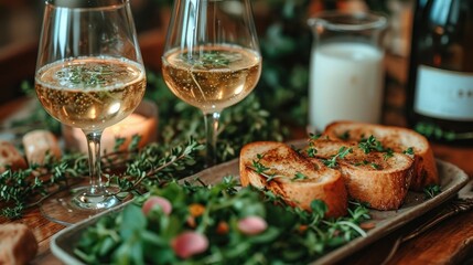  a couple of glasses of wine sitting on top of a table next to a plate of food and a bottle of wine on top of a table next to a candle.