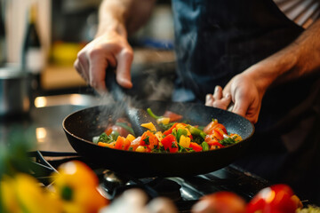 Man cooking vegetables in frying pan, Close up shot of male hands mixing vegetables in wok,...