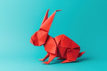 Rabbit origami isolated in blue background symbolizing Easter and Chinese new year