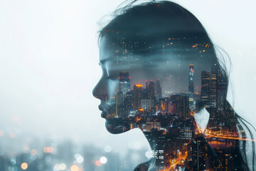 Double exposure portrait of woman with night city skyline, People in world concept