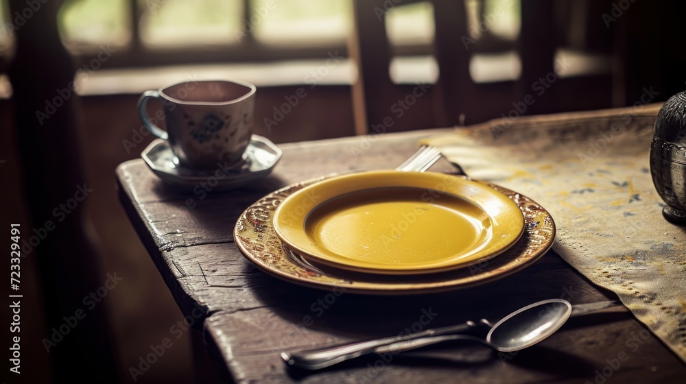 Poster a close up of a plate of food on a table with a cup of tea and a spoon and spoon rest on the table n