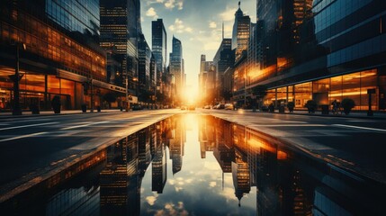Fototapeta na wymiar Sunset Reflections on City Street with Skyscrapers